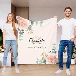 Perzik roze bloemengroen monogram naam fleece deken