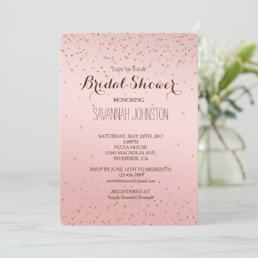Perzik Roze Blush Goud Glitz Confetti bruids Kaart (Staand voorkant)