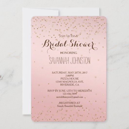 Perzik Roze Blush Goud Glitz Confetti bruids Kaart (Voorkant)