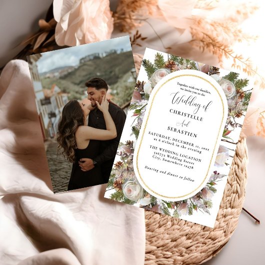 Perzik Roze Boho Aquarel Winter Bloemige Bruiloft Kaart