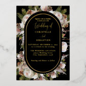 Perzik Roze Boho Zwart Winter Bloemen Bruiloft Folie Uitnodiging (Voorkant)