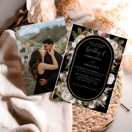 Perzik Roze Boho Zwart Winter Bloemen Bruiloft Folie Uitnodiging