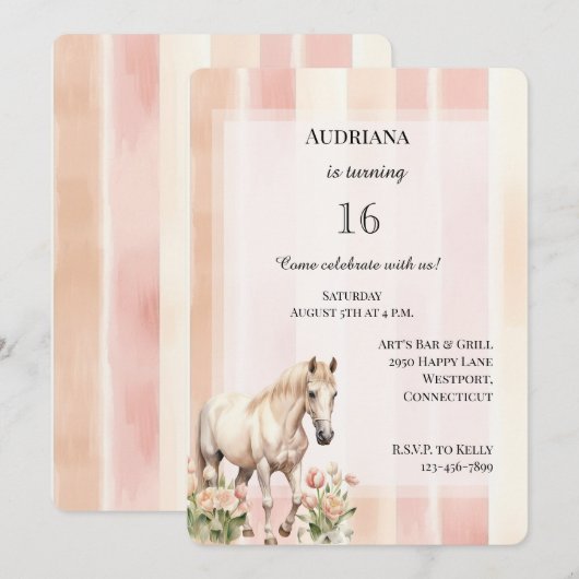 Perzik Roze Cream Stripes Floral Horse Verjaardag Kaart (Voorkant / Achterkant)