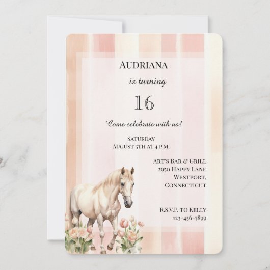 Perzik Roze Cream Stripes Floral Horse Verjaardag Kaart (Voorkant)