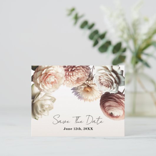 Perzik Roze Crème Witte Bloemen Bewaar de Datum Aankondigingskaart (Staand voorkant)