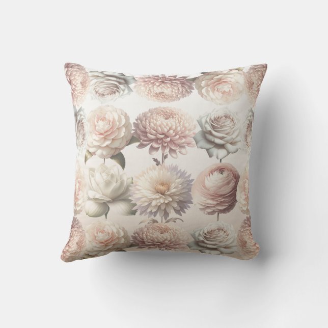 Perzik Roze Crème Witte Bloemen Bloemig  Kussen (Achterkant)