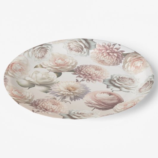 Perzik Roze Crème Witte Bloemen Bloemige Bruiloft Papieren Bordje (Gekanteld)