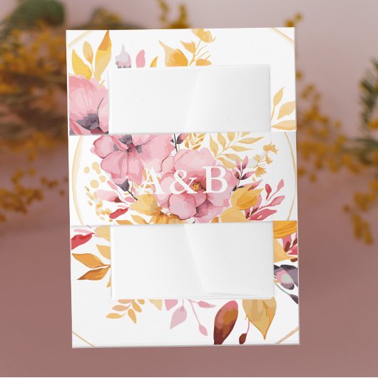 Perzik Roze en Gouden Gele Monogram Bruiloft Uitnodigingen Wikkel