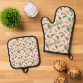 Perzik roze en groene bladeren ovenwant & pannenlap set (Top down)