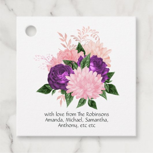 Perzik Roze en Lavendel Paarse Bloem Bedankjes Labels (Voorkant)