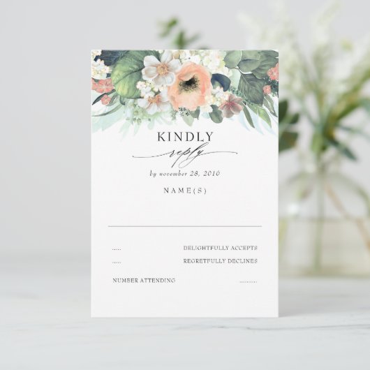 Perzik Roze en Wit Bloemen Bruiloft RSVP (Staand voorkant)