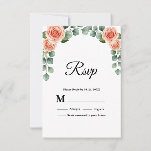 Perzik Roze Gebogen Bloemen Bruiloft RSVP Kaart (Voorkant)