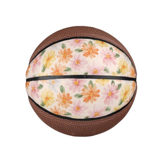Perzik Roze Geel Blauwe Bloemen  Basketbal (Voorkant)