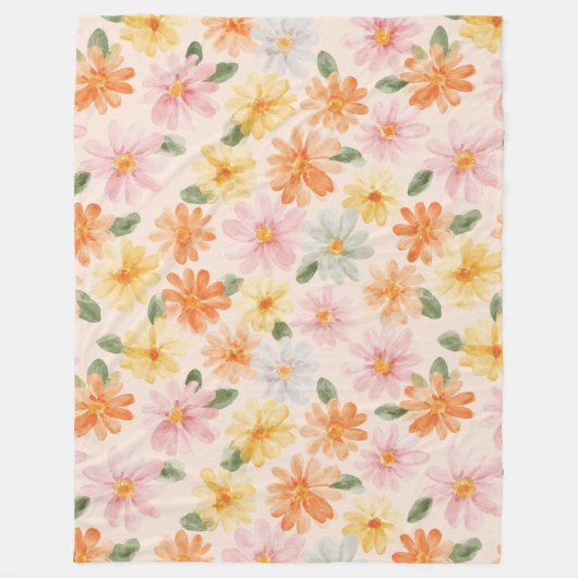 Perzik Roze Geel Blauwe Bloemen Fleece Deken (Voorkant)