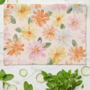 Perzik Roze Geel Blauwe Bloemen Theedoek