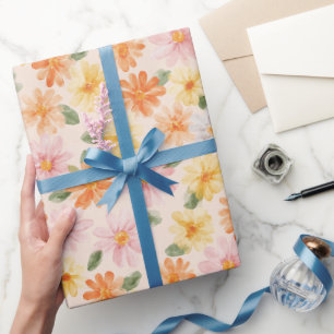 Perzik Roze Geel Blauwe Bloemen Verjaardag Cadeaupapier