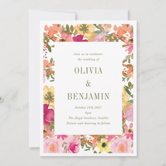 Perzik roze geel Waterverf bloemenbruiloft Kaart (Voorkant)