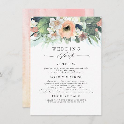 Perzik roze gekleurde bloemen bruiloft informatie informatiekaartje (Voorkant / Achterkant)