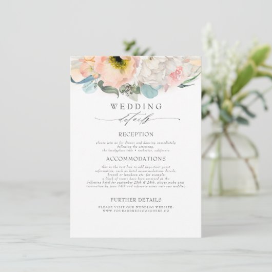 Perzik roze gekleurde bloemen bruiloft informatie informatiekaartje (Staand voorkant)