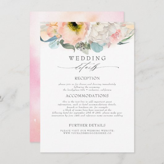 Perzik roze gekleurde bloemen bruiloft informatie informatiekaartje (Voorkant / Achterkant)