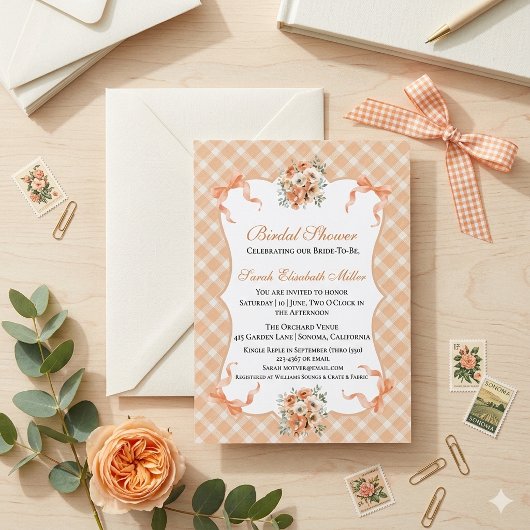 Perzik Roze Gingham Geruite Bruiloftsborrel Kaart