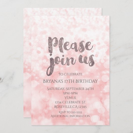 Perzik Roze Glam Verjaardagsfeest Uitnodigingen (Voorkant / Achterkant)