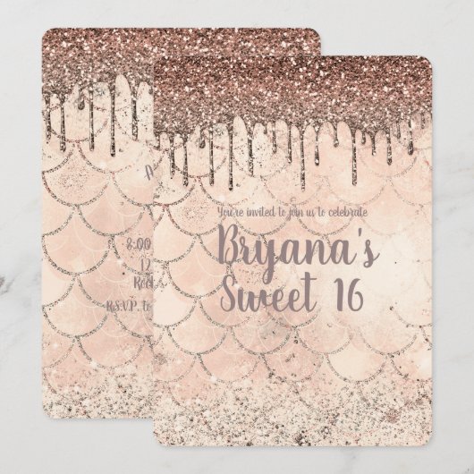 Perzik Roze Glitter Drip Zeemeermin Sweet 16 Feest Kaart (Voorkant / Achterkant)