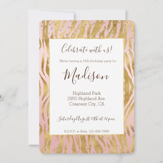 Perzik Roze Goud Glitters Glans Zebraprint Kaart (Voorkant)