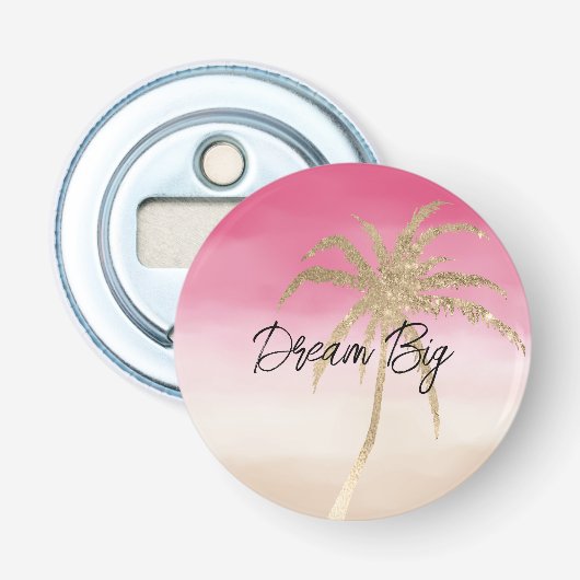 Perzik Roze Goud Tropische Palmboom Button Flesopener (Voorkant)