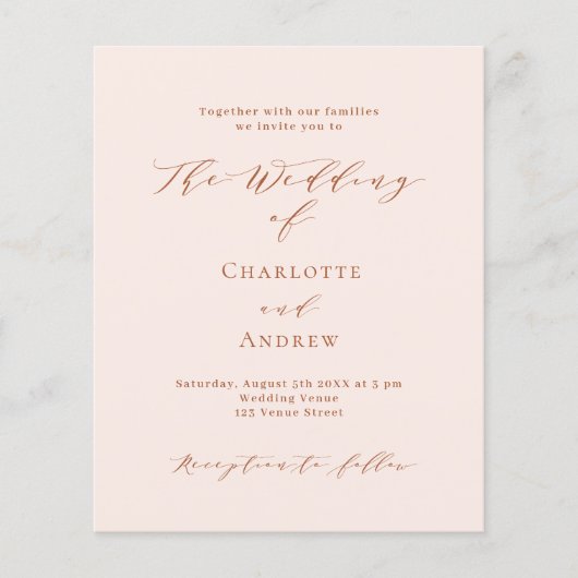 Perzik roze gouden formele budget bruiloft uitnodi (Voorkant)