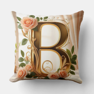 🌷 Perzik Roze Gouden Initiaal Letter B Decor ✨ Kussen