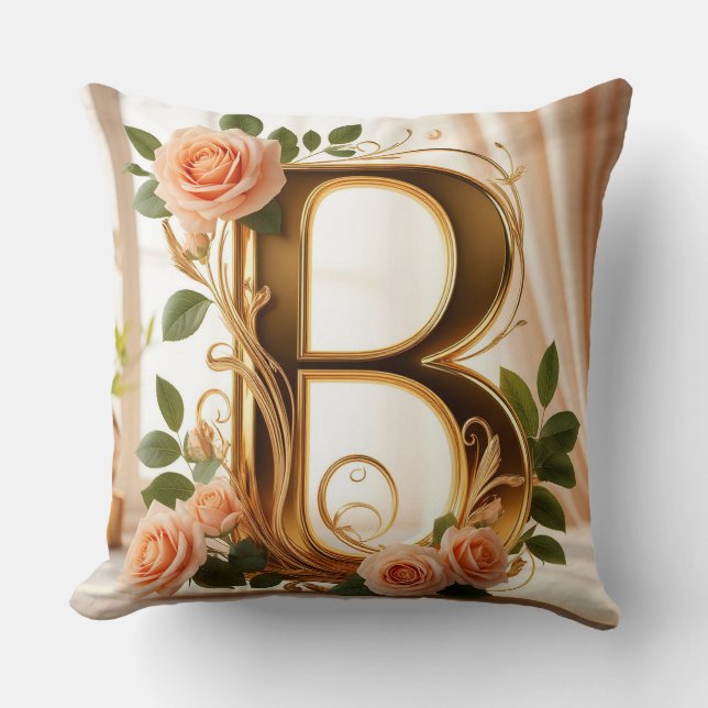 🌷 Perzik Roze Gouden Initiaal Letter B Decor ✨ Kussen (Voorkant)