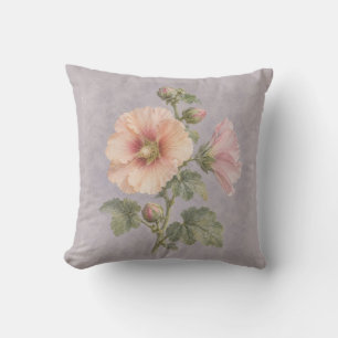 Perzik Roze Hollyhocks Lila Botanisch Aquarel Kussen
