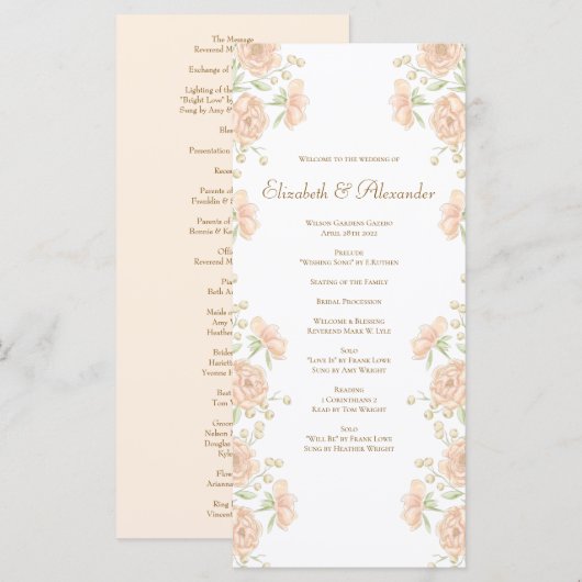 Perzik Roze Huwelijksprogramma's Menu (Voorkant / Achterkant)
