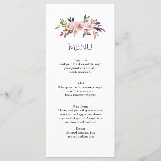 Perzik Roze Lavendel Paarse Wildflowers Menu Kaart (Voorkant)