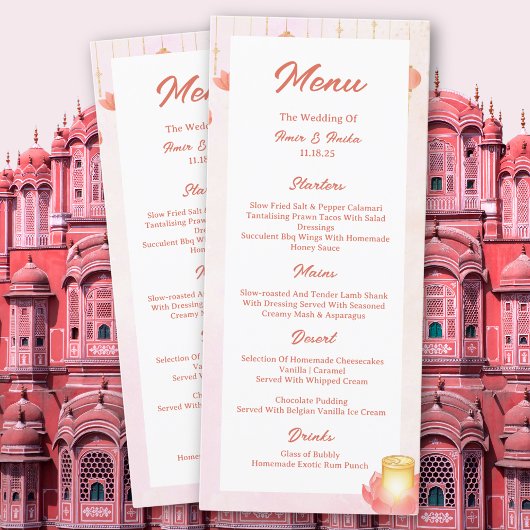 Perzik Roze Lotus Lantaarns India Menu Bruiloft