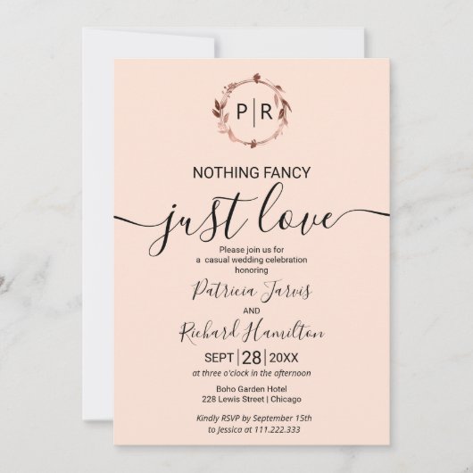 Perzik Roze Monogram Calligrafie Foto Bruiloft Kaart (Voorkant)