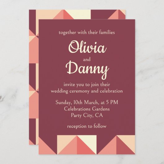 Perzik Roze Paarse Driehoek Geometrische Bruiloft Kaart (Voorkant / Achterkant)