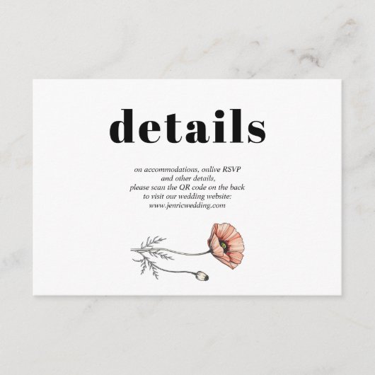Perzik roze papaver bloemen QR bruiloft details Informatiekaartje (Voorkant)