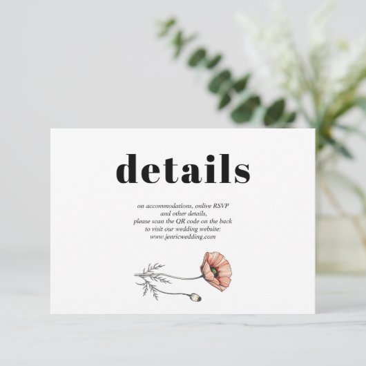 Perzik roze papaver bloemen QR bruiloft details Informatiekaartje (Staand voorkant)