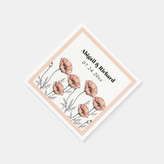 Perzik roze papavers wilde bloemen bloemenbruiloft servet (Hoek)