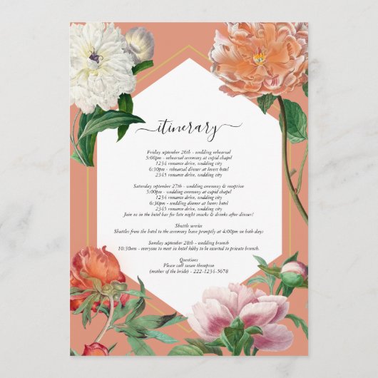 Perzik Roze Pioenen Bloemen Bruiloft Route Programmakaart (Achterkant)