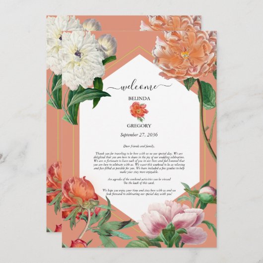 Perzik Roze Pioenen Bloemen Bruiloft Route Programmakaart (Voorkant / Achterkant)