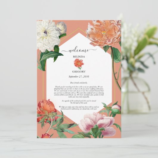 Perzik Roze Pioenen Bloemen Bruiloft Route Programmakaart (Staand voorkant)