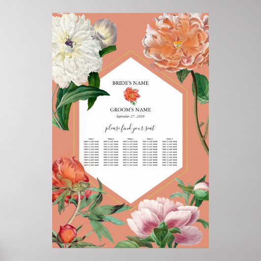 Perzik Roze Pioenen Bloemen Bruiloft Zitkaarten Poster (Voorkant)