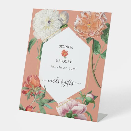 Perzik Roze Pioenrozen Bloemen Trouwkaarten Cadeau Reclamebord Met Voetstuk (Voorkant)