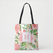 Perzik Roze Roos Bloemige Waterverf Mooie Monogram Tote Bag (Voorkant)