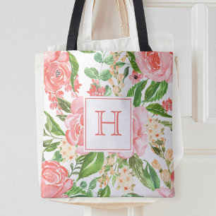 Perzik Roze Roos Bloemige Waterverf Mooie Monogram Tote Bag