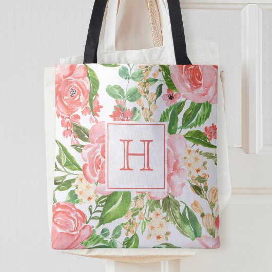 Perzik Roze Roos Bloemige Waterverf Mooie Monogram Tote Bag