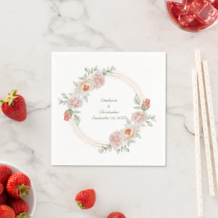 Perzik Roze Roos Groen Bloem Motief Gouden Frame B Servet